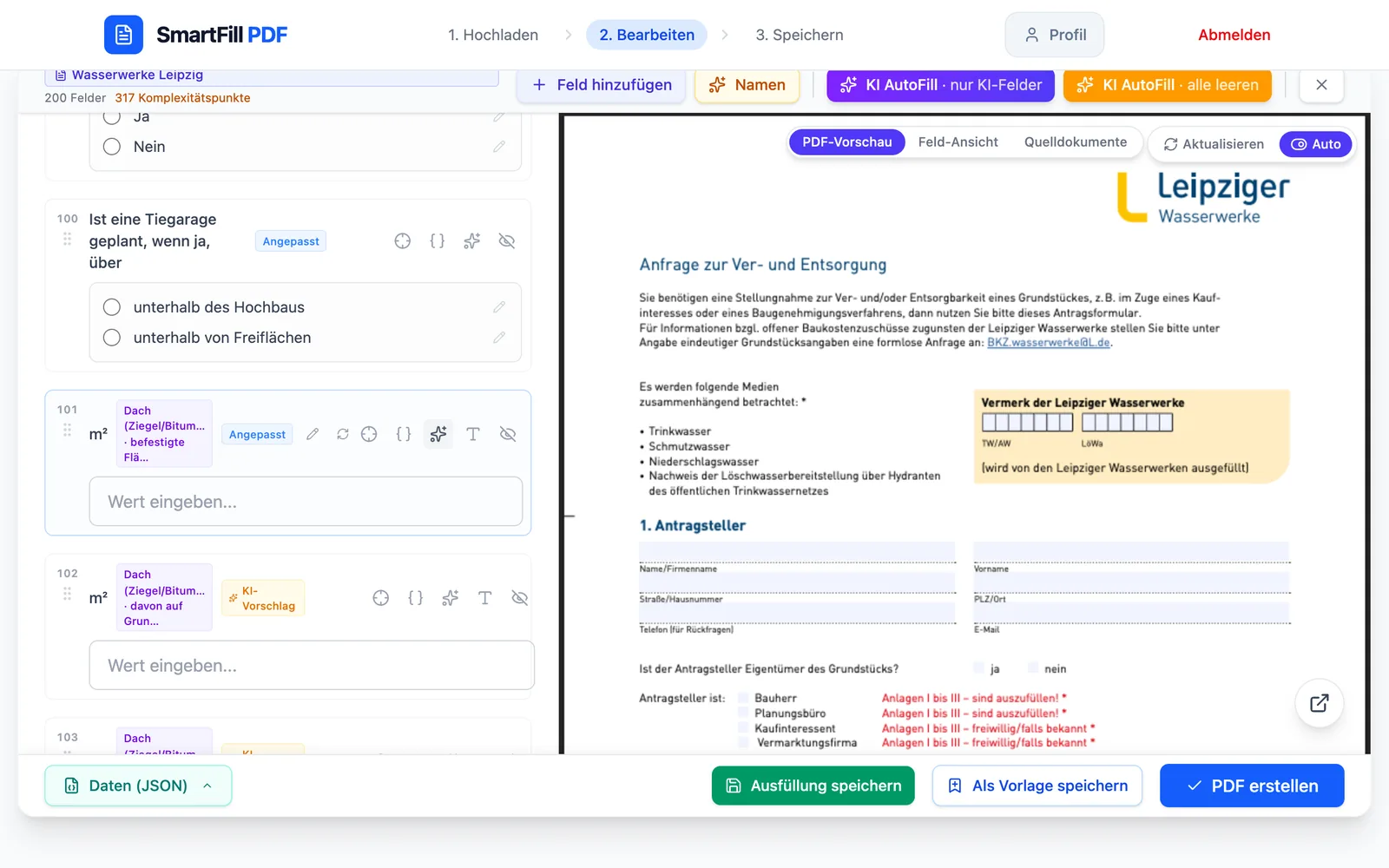 Tabellenfeld mit Symbol „KI-Kontext bearbeiten“ im Formular Wasserwerke Leipzig