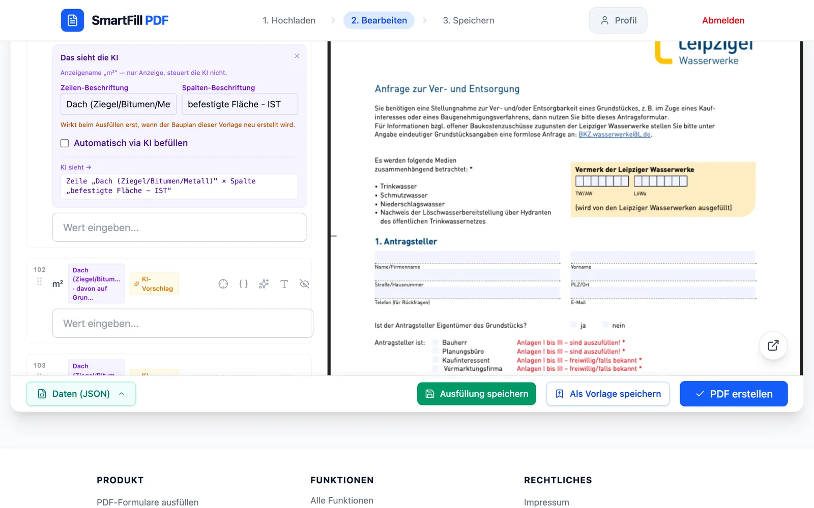 Geöffneter KI-Kontext mit bearbeitbarer Zeilen- und Spalten-Beschriftung und Hinweis zum Bauplan
