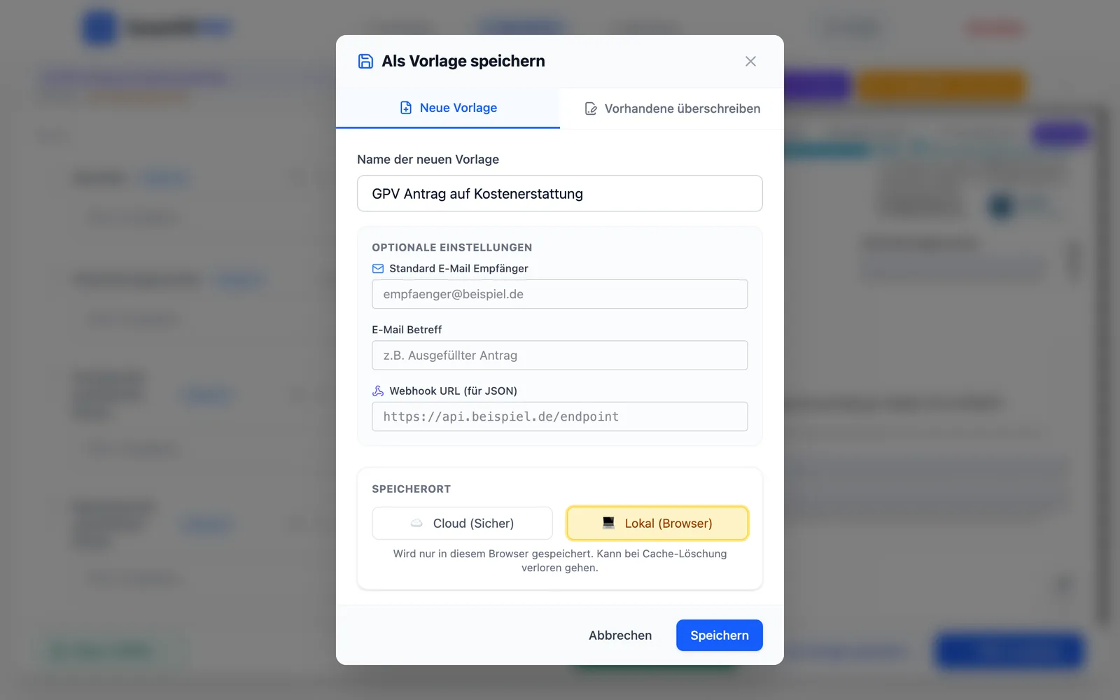 Dialog „Als Vorlage speichern“ mit ausgewähltem Speicherort „Lokal (Browser)“