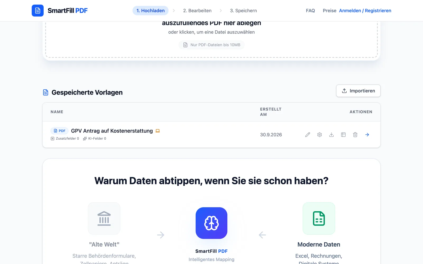 Liste „Gespeicherte Vorlagen“ mit der gespeicherten Vorlage