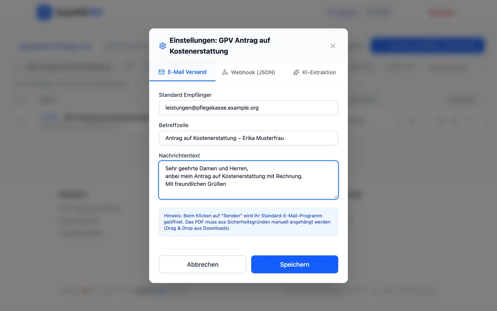 Vorlagen-Einstellungen, Reiter „E-Mail Versand“ mit Empfänger, Betreff und Text