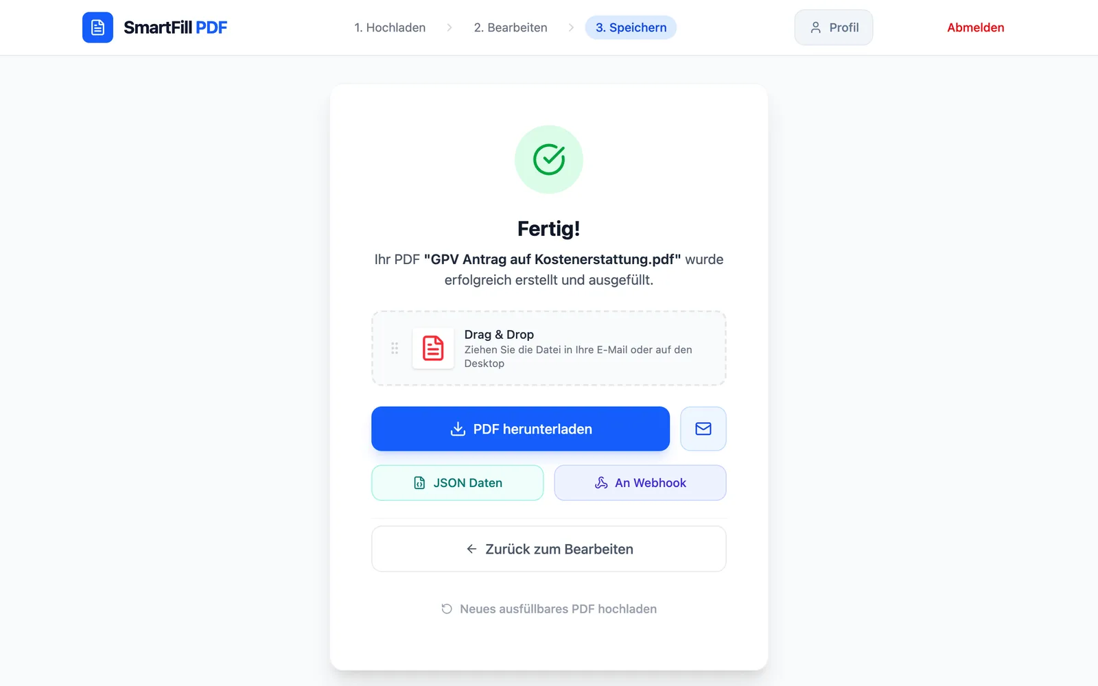 Fertig-Ansicht mit Brief-Symbol zum Öffnen des E-Mail-Programms