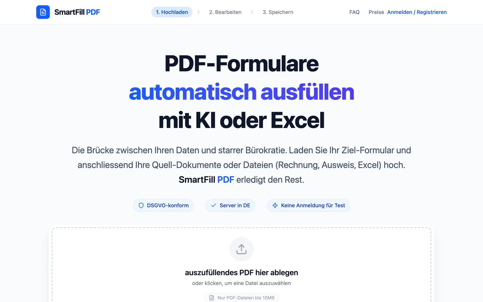 Startseite von SmartFill PDF mit Ablagefläche zum Hochladen eines PDF-Formulars