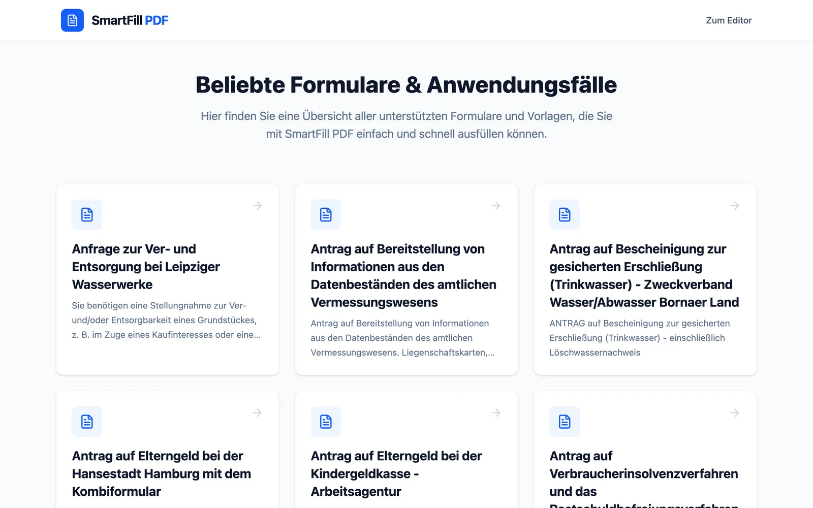 Übersicht „Verfügbare Formulare“ mit Vorlagen und Beschreibungen