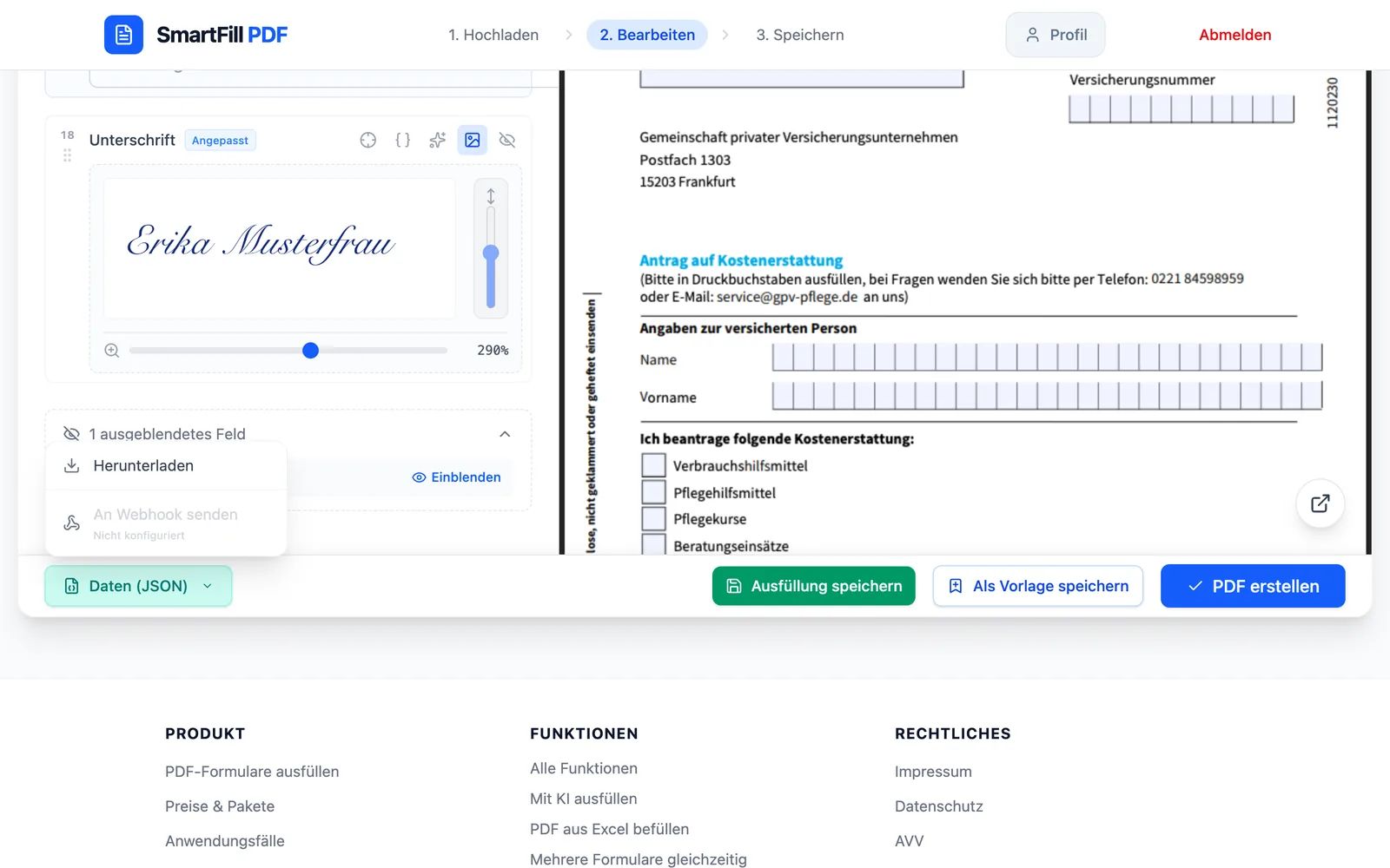 Menü „Daten (JSON)“ im Editor