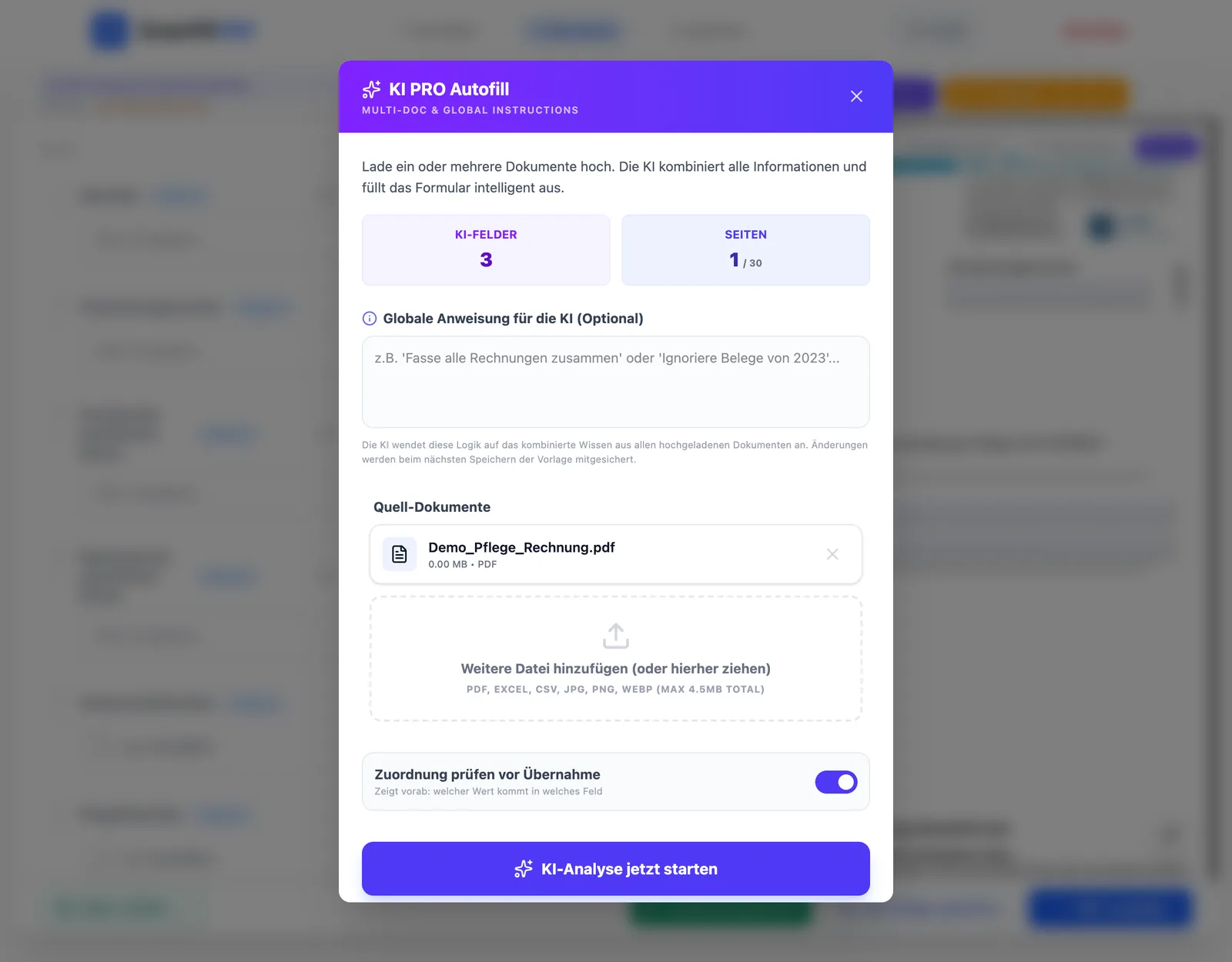 Dialog „KI PRO Autofill“ mit hochgeladener Rechnung als Quell-Dokument