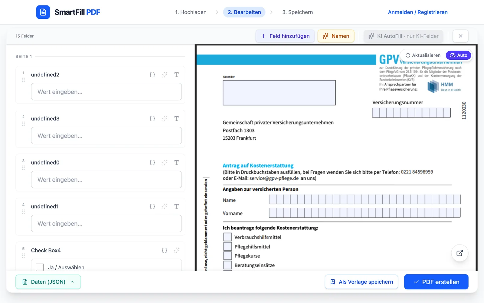 Feldliste mit technischen Namen wie „undefined2“ und „Check Box4“