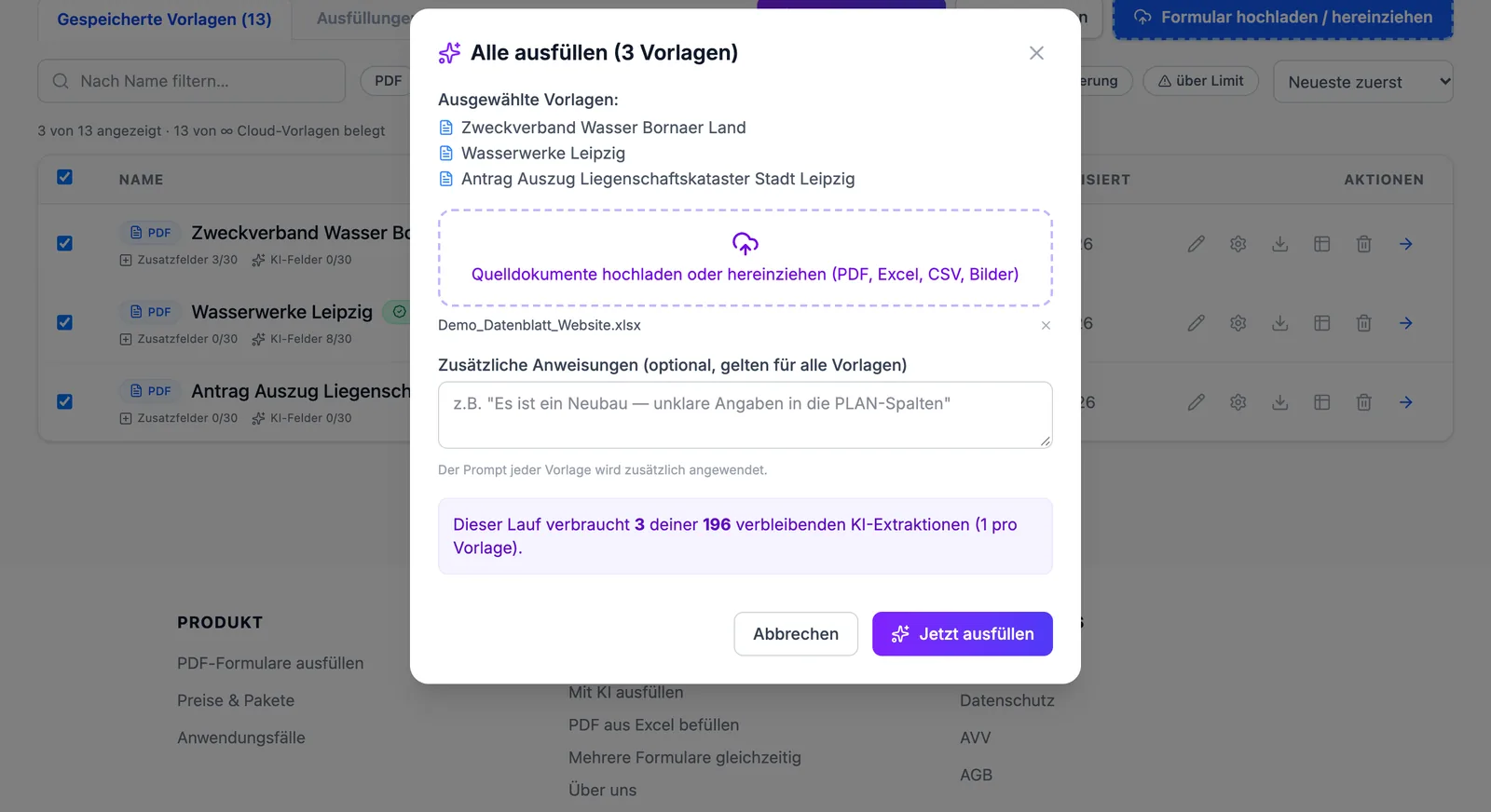 Dialog „Alle ausfüllen“ mit hochgeladenem Datenblatt und zusätzlichen Anweisungen