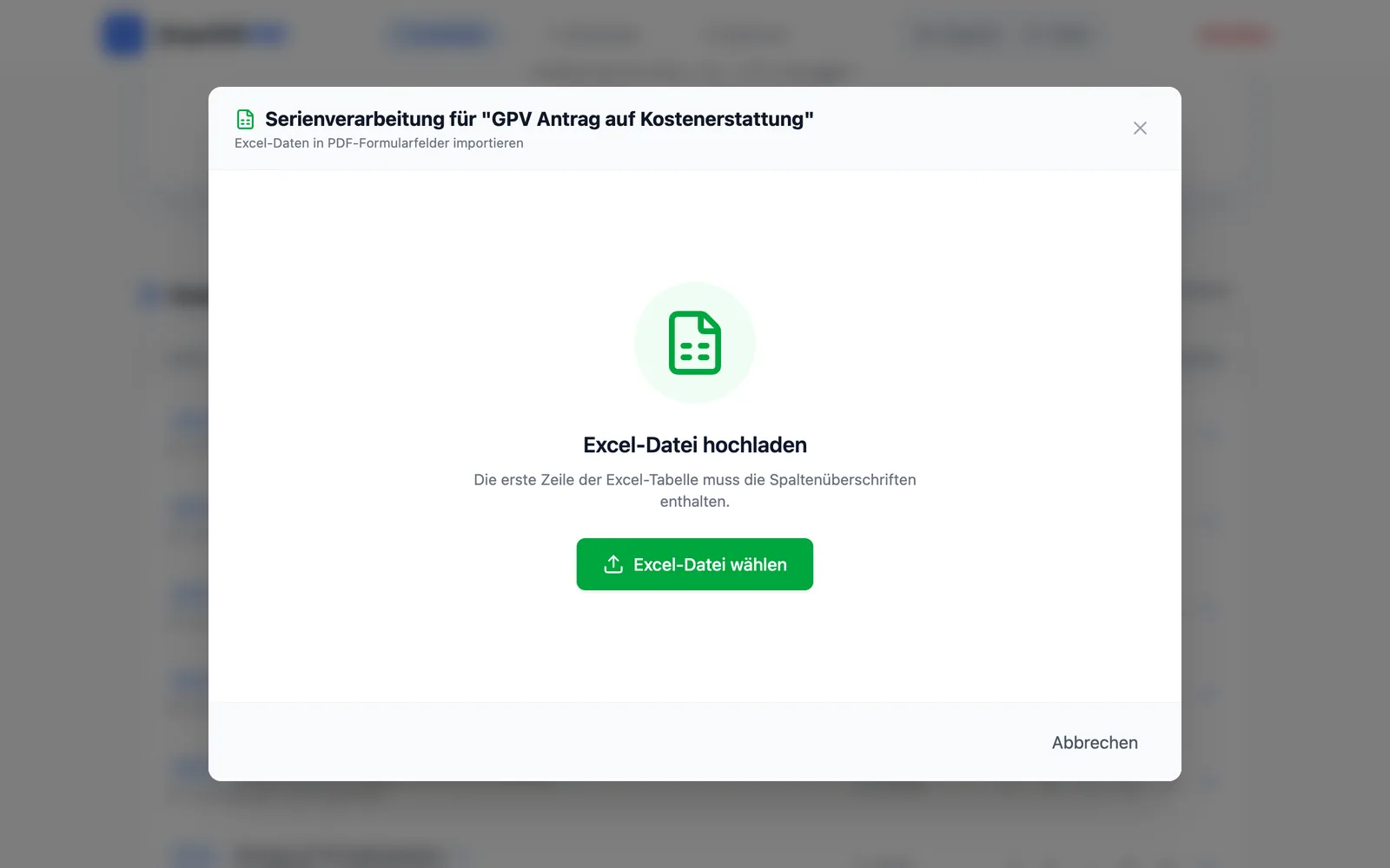 Dialog „Serienverarbeitung“ zum Hochladen einer Excel-Datei