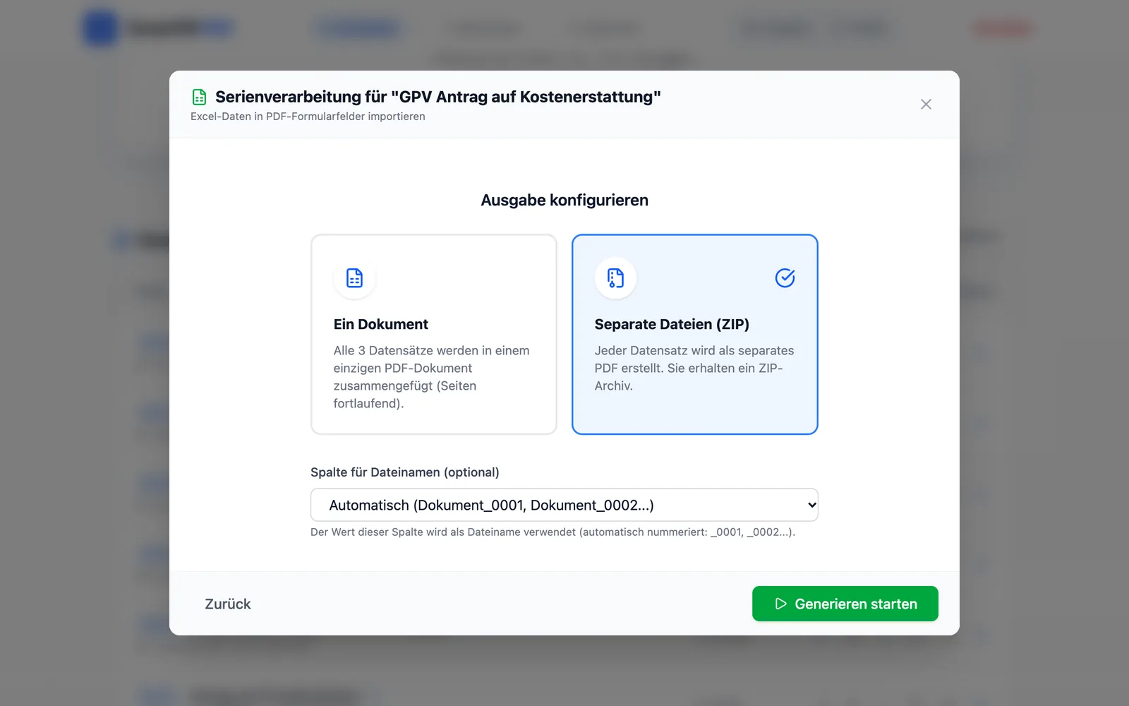 Ausgabe konfigurieren: ein Dokument oder separate Dateien als ZIP