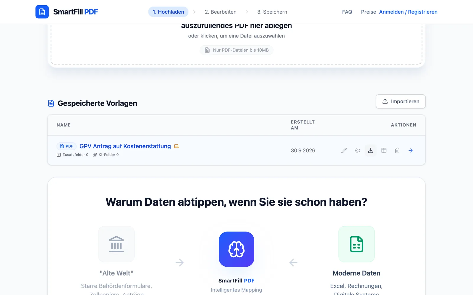 Vorlagenliste mit hervorgehobenem Knopf „Exportieren“