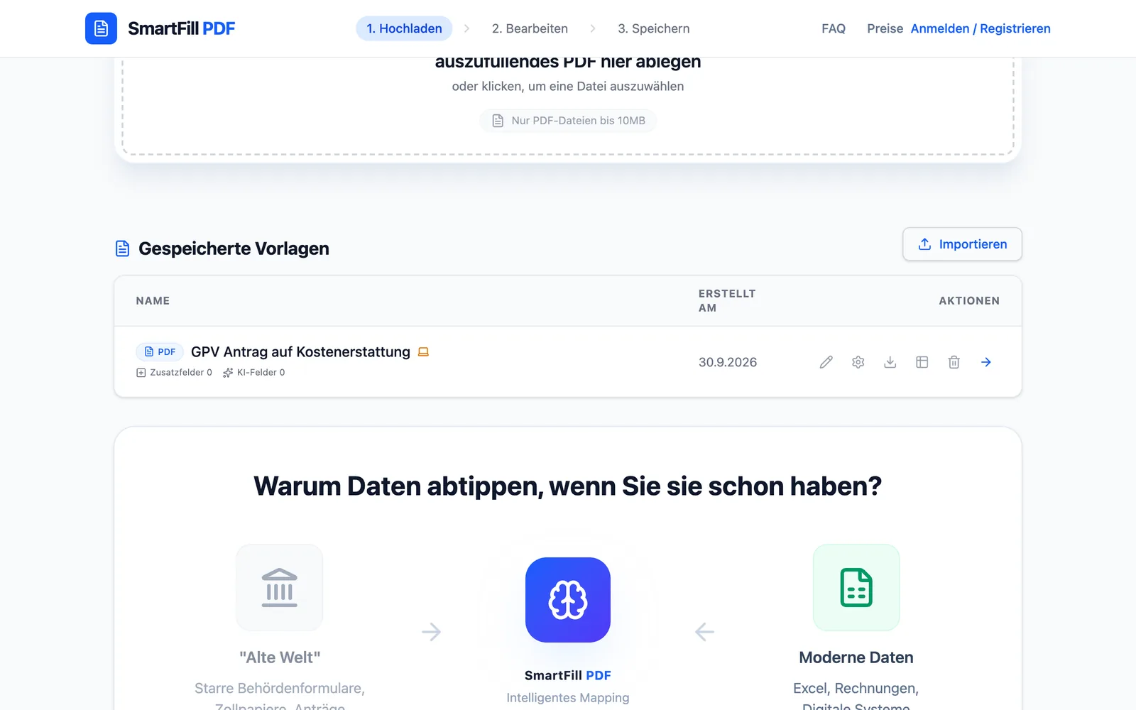 Knopf „Importieren“ zum Zurückholen einer exportierten Vorlage